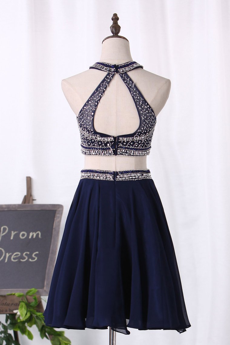 Two-Piece Halter Beaded Bodice Homecoming Dresses A Line Open Back Chiffon