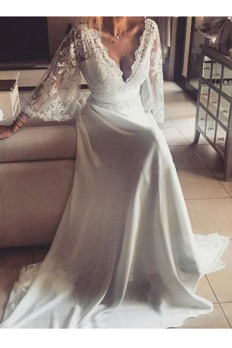 Chiffon 3/4 Length Sleeves Wedding Dresses V Neck Open Back With Applique