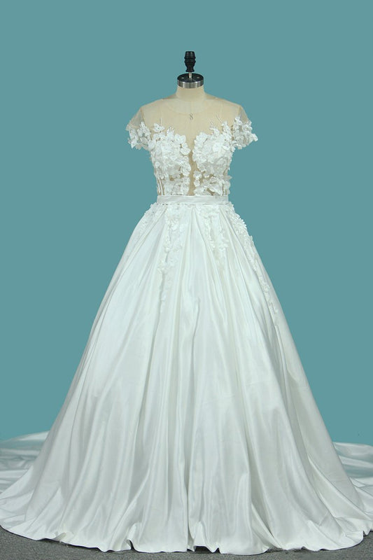 A Line Scoop Wedding Dresses Satin With Handmade Flower And Sash Chapel Train