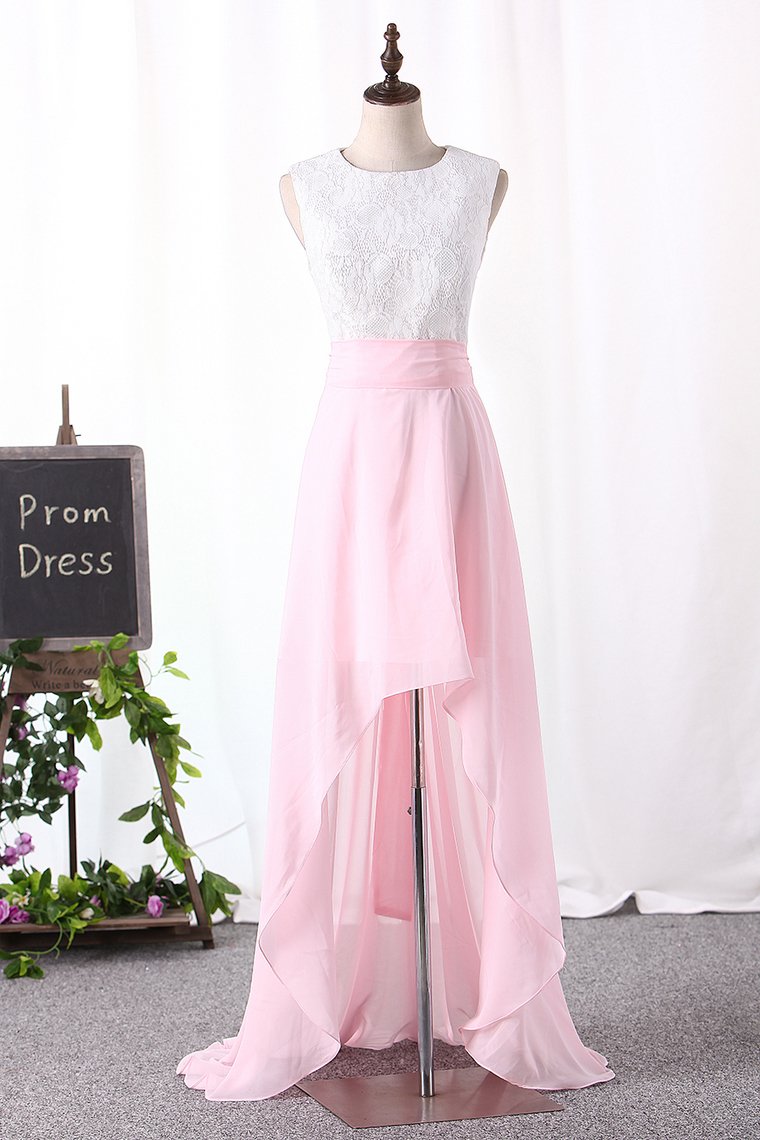 Scoop Lace Bodice Prom Dresses With Asymmetrical Simple Style Skirt