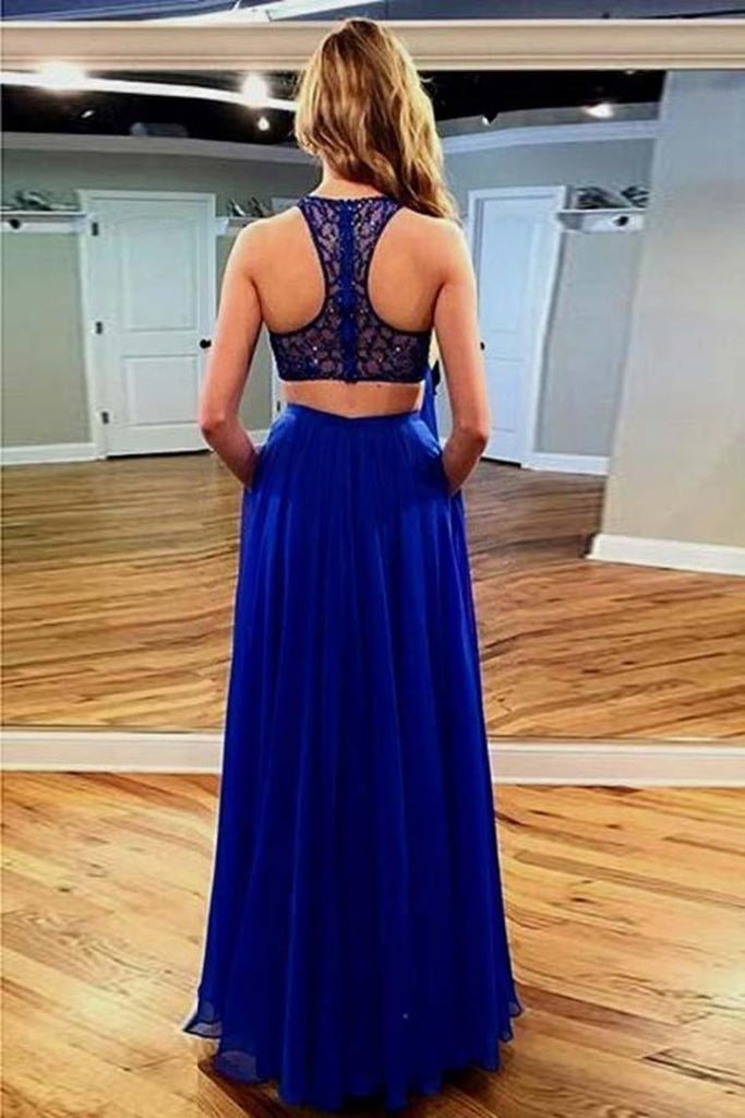 Sparkly 2 Pieces Royal Blue Beading Zipper Back Long Prom Dresses With Pockets