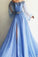 Newest Long Beading Lace Tulle A-Line Blue Prom Dresses Evening Dresses