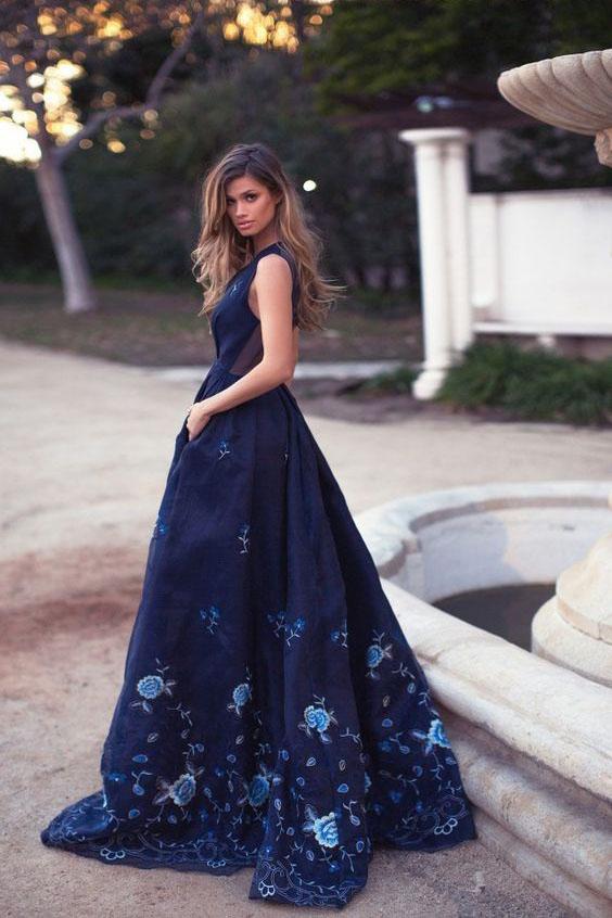 Vintage A-Line Deep V-Neck Navy Blue Sleeveless Prom Dresses with Appliques Pockets WK403