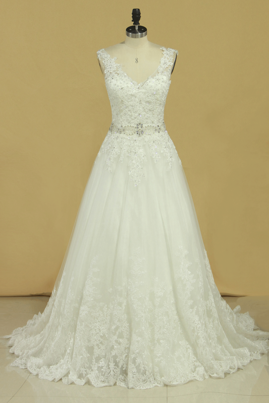 Bridal Dresses A Line V-Back Tulle Chapel Train V-Back Applique & Sash