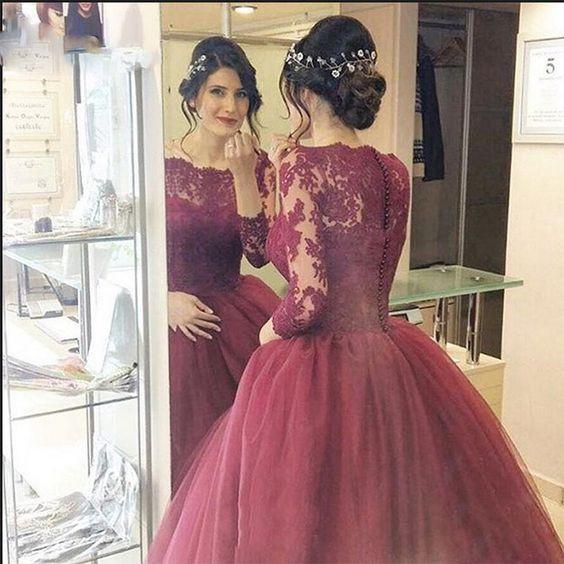 Cheap Burgundy 2024 Lace Three Quarter Sleeve Ball Gown Elegant Long Prom Dresses WK670