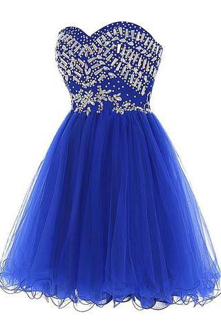 Cheap Blue Sweetheart Cute A-line Tulle Beading Short Mini Homecoming Dresses WK759