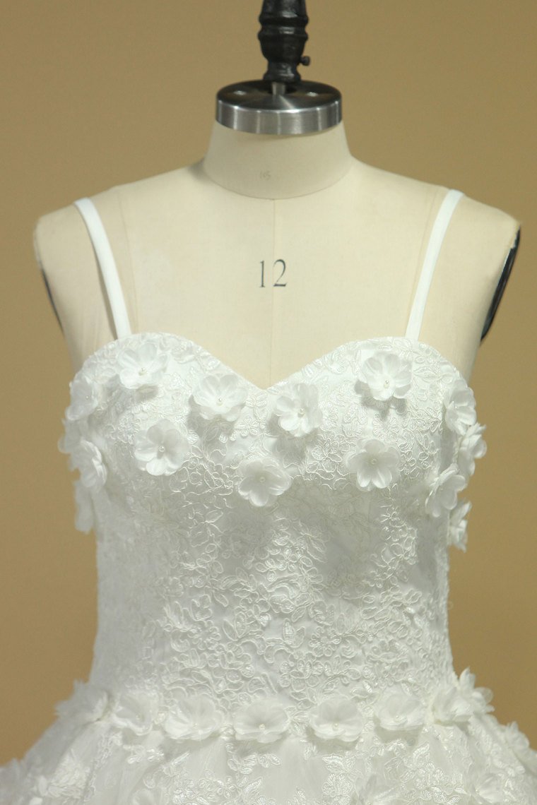 A Line Spaghetti Straps Court Train Wedding Dresses Tulle With Applique And Handmade Flowers