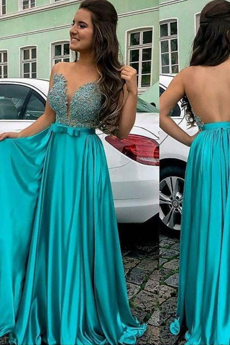 2024 A Line Scoop Prom Dresses Satin & Tulle With Applique And Sash