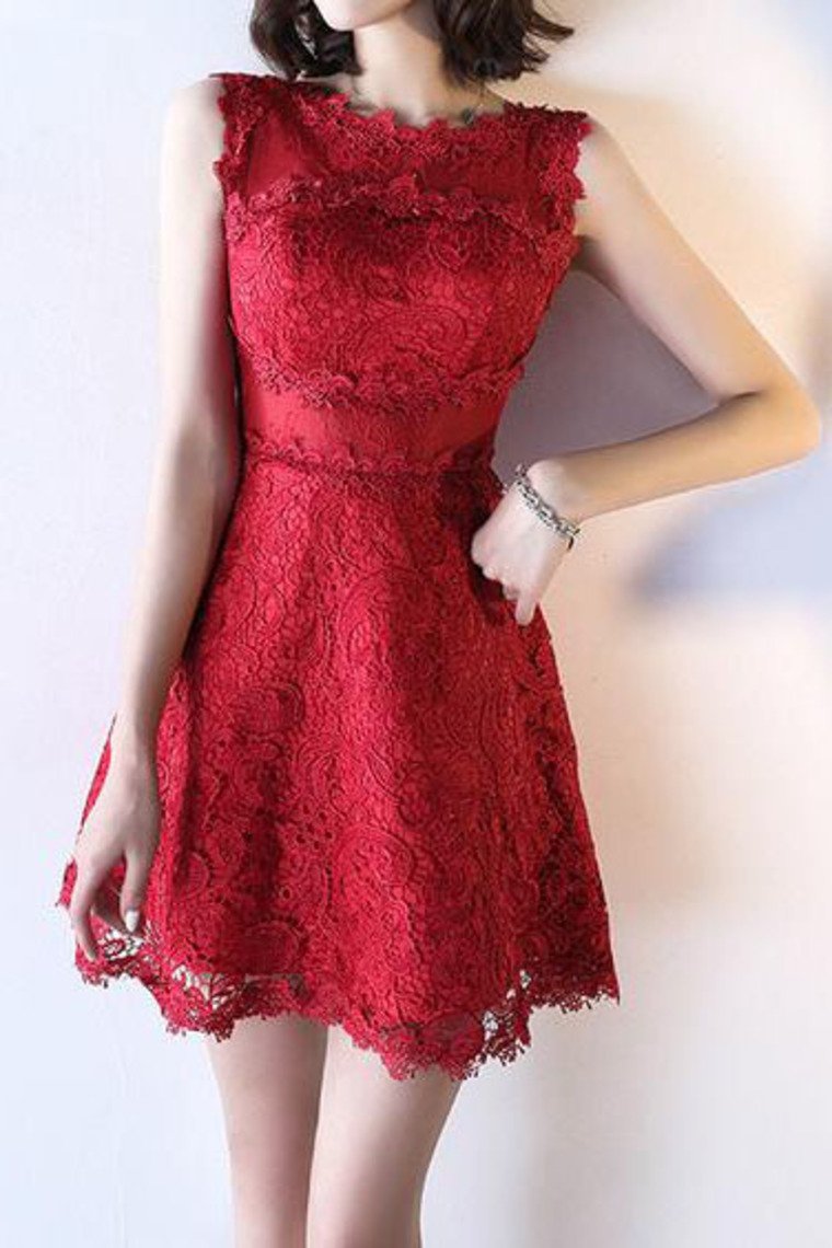 Homecoming Dresses A Line Scoop Lace Short/Mini Zipper Up