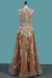 Prom Dresses Straps Tulle A Line With Applique And Beads Floor Length