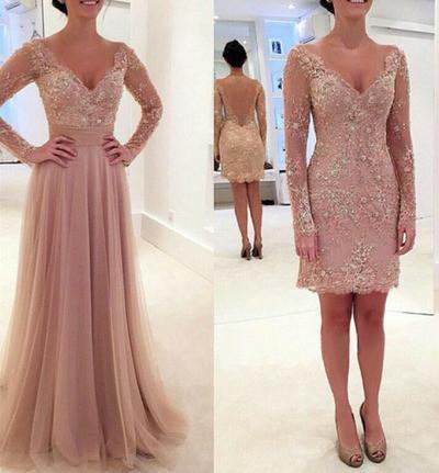 Elegant Long Sleeve Lace Tulle Pink Sexy A-Line V-Neck Prom Dresses 2024 WK974