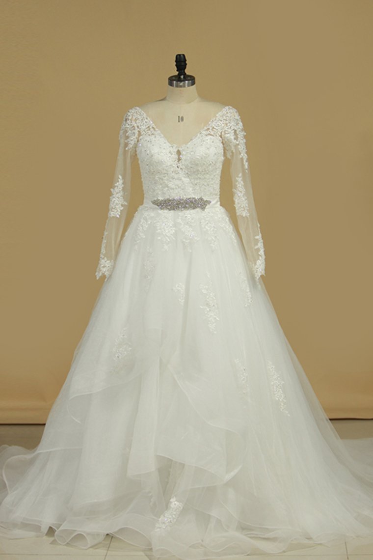 Long Sleeves V Neck Tulle With Applique A Line Wedding Dresses