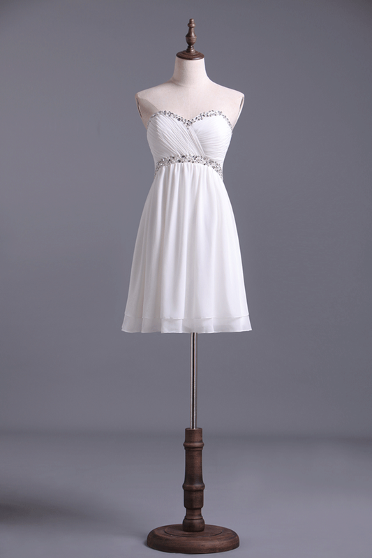 Graduation Dress Beaded Sweetheart Neckline And Waistline Pleated Bodice Chiffon White Short/Mini