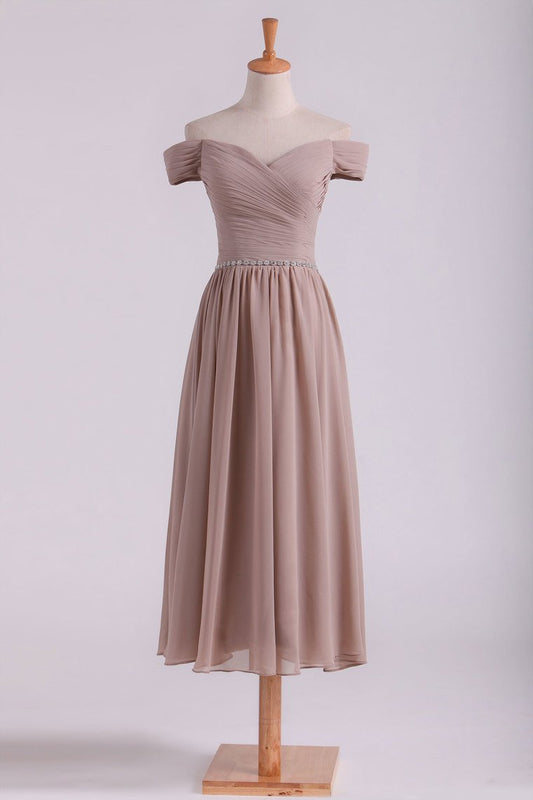 Off The Shoulder Bridesmaid Dresses A-Line Tea Length Chiffon