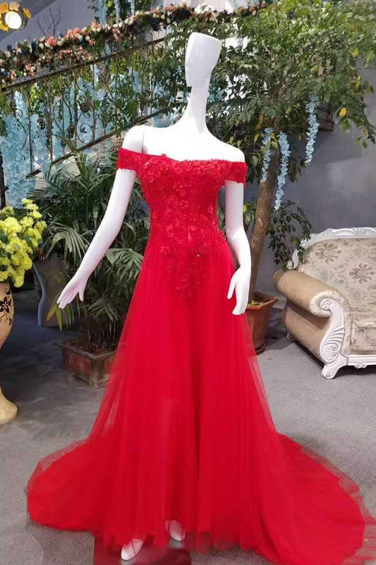 Hot Selling Cheap Red Prom Dresses A-Line Zipper Up Off The Shoulder With Appliques