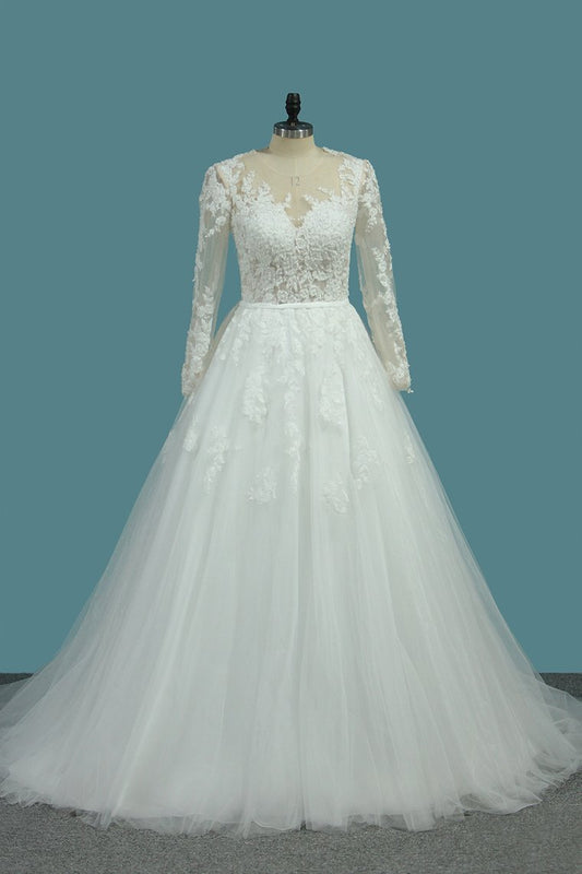 Long Sleeves Scoop Tulle A Line Wedding Dresses With Applique Court Train