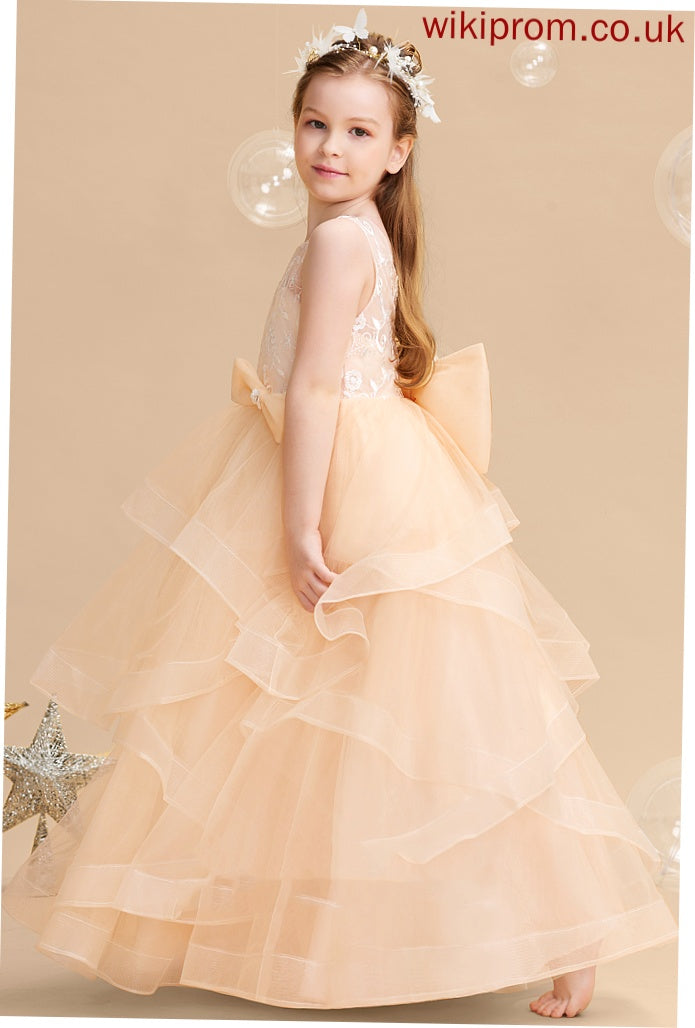 Flower Dress Neck Riley Tulle Lace/Flower(s)/Bow(s)/V Scalloped Back With - Girl Flower Girl Dresses Floor-length Sleeveless Ball-Gown/Princess