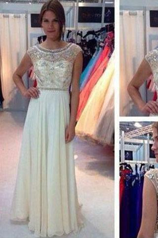 New Ivory Chiffon Long Cap Sleeves Charming Open Back Scoop A-line Beading Prom Dresses WK23