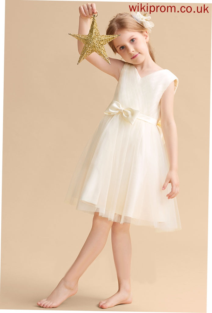 Flower Girl Dresses V-neck Flower Dress Knee-length Tulle Sleeveless Marcie Bow(s) Girl A-Line With -