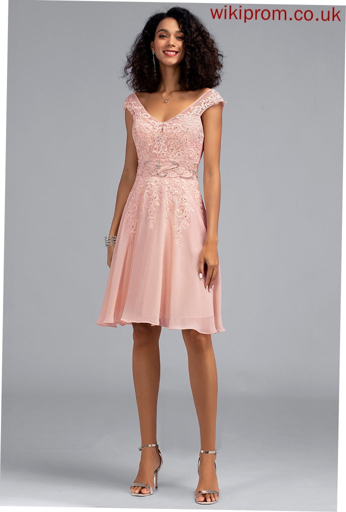 Homecoming Dresses Knee-Length Lace A-Line V-neck Tiara Homecoming Chiffon With Dress Beading
