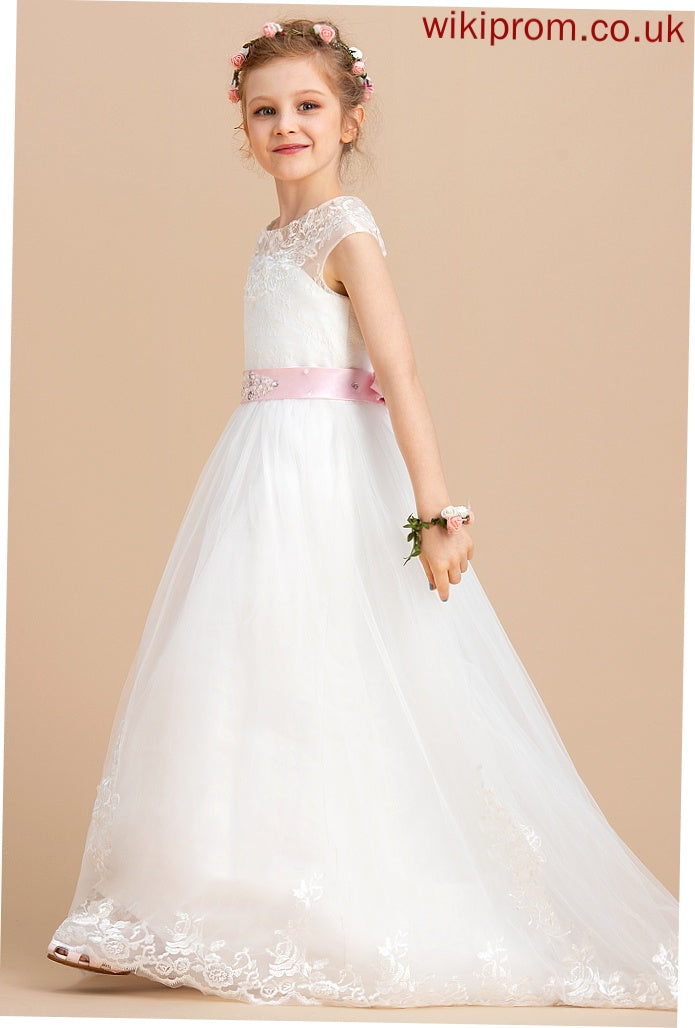 (Petticoat Sash/Beading/Appliques/Bow(s) Dress Tulle/Lace - With Flower Girl Dresses Tamia Neck Girl included) Flower Floor-length NOT Scoop Ball-Gown/Princess Sleeveless