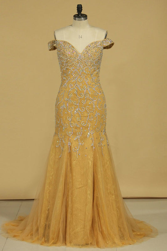Lace Off The Shoulder With Applique And Beads Sweep Train Prom Dress