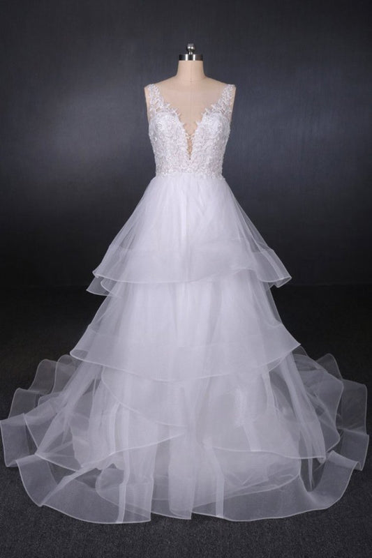 Unique V Neck Sleeveless Tulle Wedding Dresses, Asymmetrical Long Bridal Dresses