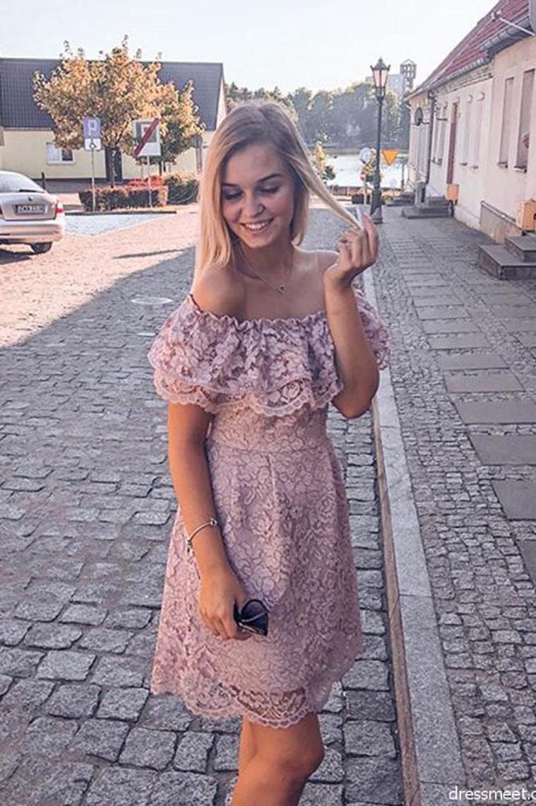 Elegant Off The Shoulder Blush Lace Short Homecoming Dresses