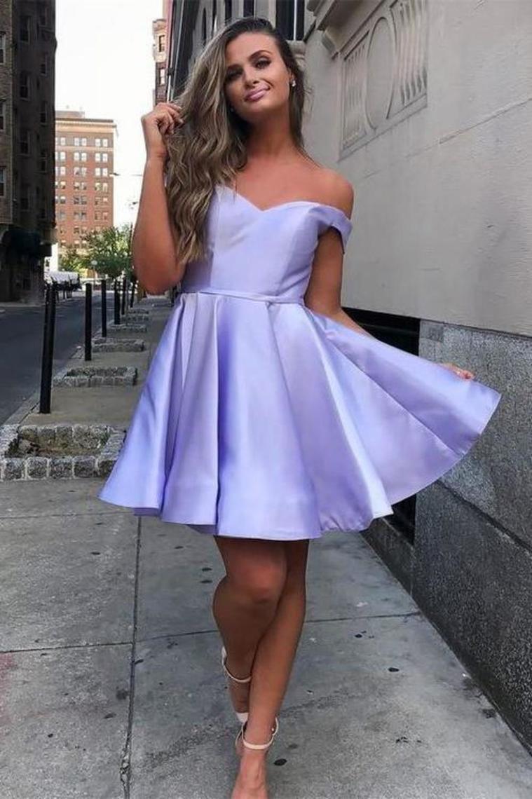 Off The Shoulder Satin A Line Short Homecoming Dress