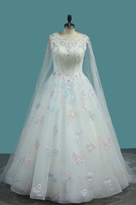 Ball Gown Scoop Neck Wedding Dresses Lace Up With Appliques And Beads