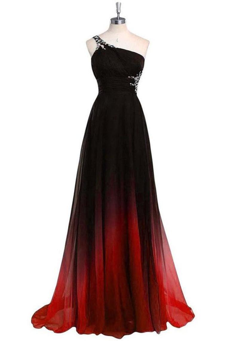 One Shoulder Black And Red Long Ombre Chiffon Beading Open Back Prom Dresses