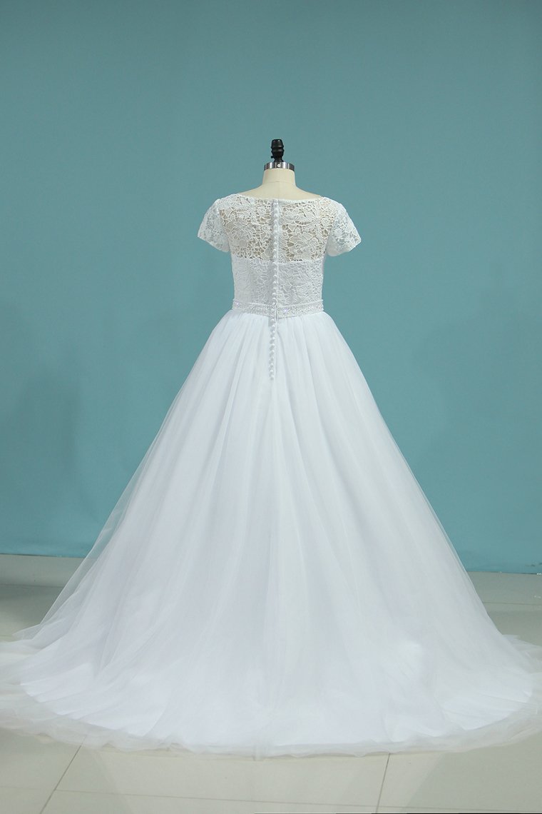 Bateau Wedding Dresses A-Line Tulle Cap Sleeves Zipper Back Court Train