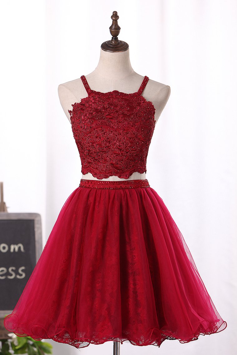 Two-Piece Spaghetti Straps Homecoming Dresses A Line Tulle With Applique