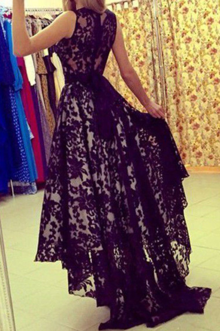 New Arrival Prom Dresses A Line Scoop Lace With Sash Asymmetrical