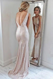Sparkly Open Back Pink Sheath Long Prom Dresses Evening Dresses