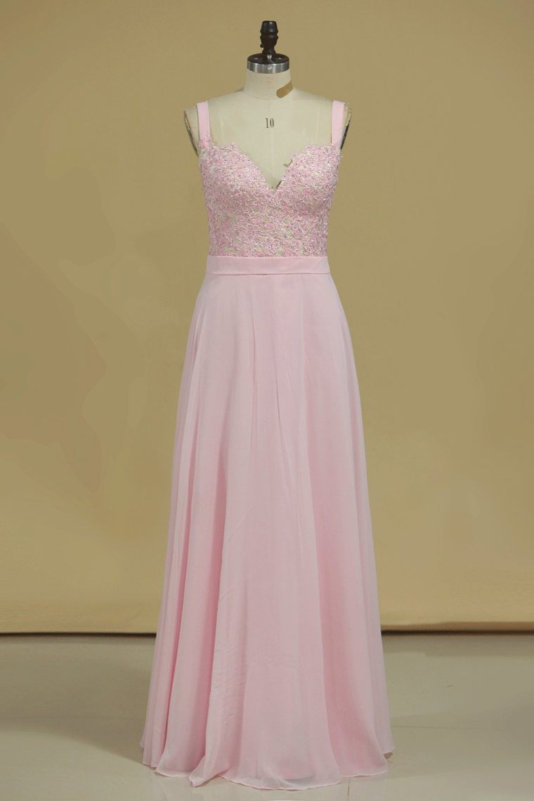 Straps Chiffon With Applique A Line Prom Dresses Sweep Train