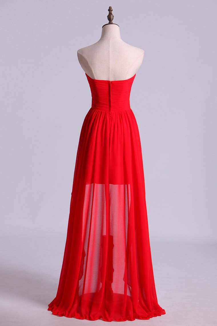 Red High Low Sweetheart A Line Pleated Bodice Flowing Chiffon Skirt