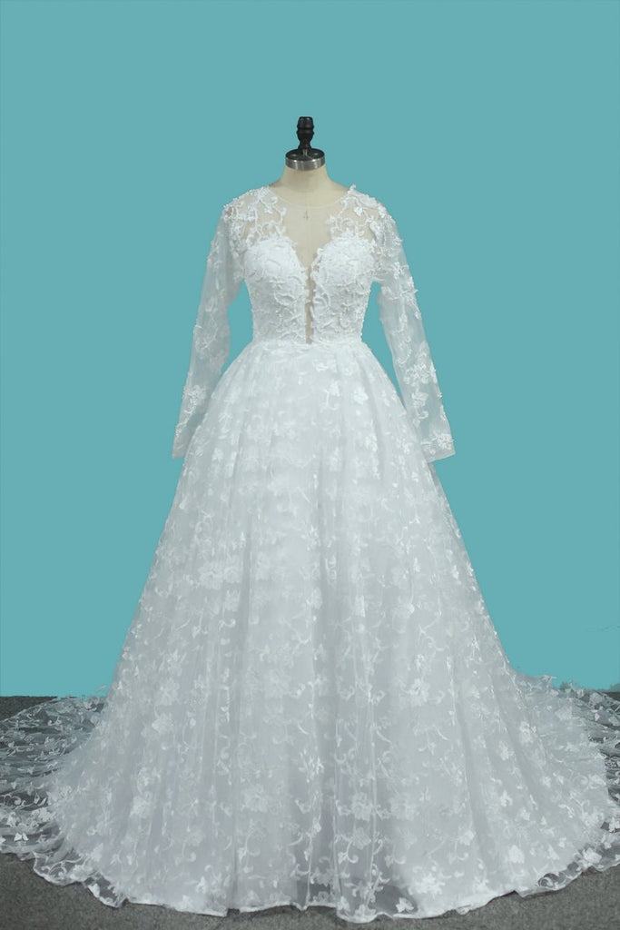 Luxurious A Line Lace Scoop Long Sleeves Wedding Dresses With Pearls Royal Train