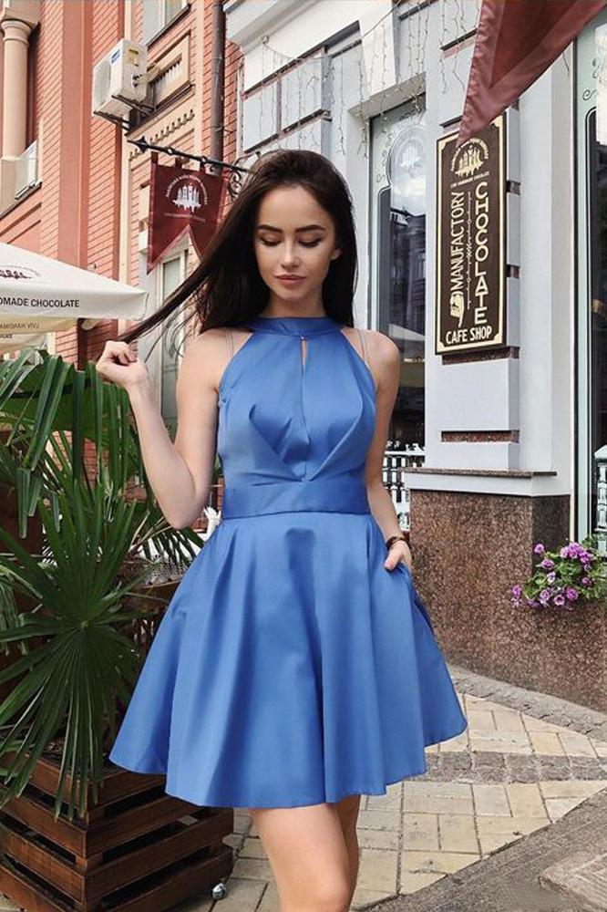 Simple A Line Halter Open Back Satin Blue Short Homecoming Dresses with Pockets WK945