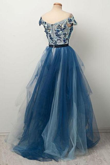 A Line Gorgeous Blue Gradient Prom Dress with Appliques/Mesh WK848
