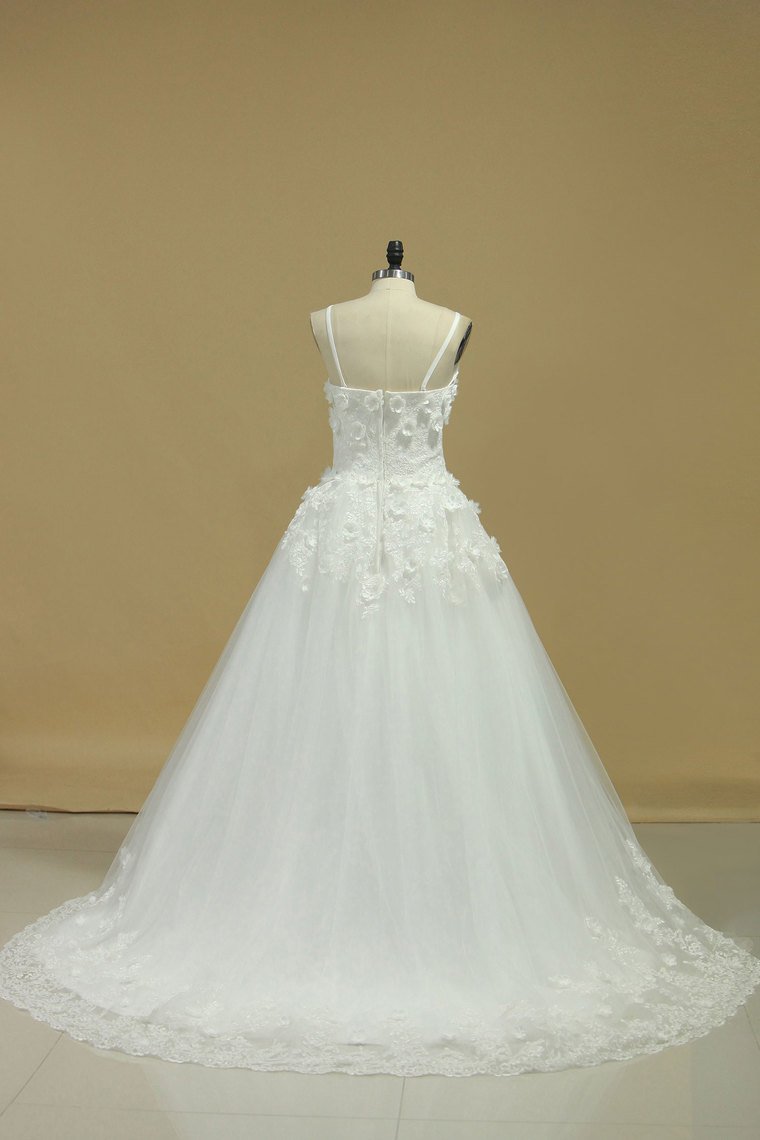 A Line Spaghetti Straps Court Train Wedding Dresses Tulle With Applique And Handmade Flowers