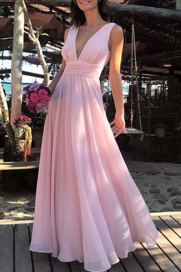 Flowy Simple Cheap Long V-Neck Pink Prom Dresses Party Dresses