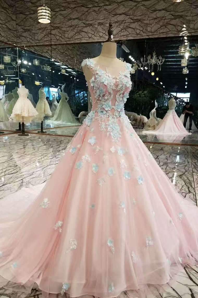 Low Price Floral Prom Dresses Pink Color With Handmade Flowers And Beads