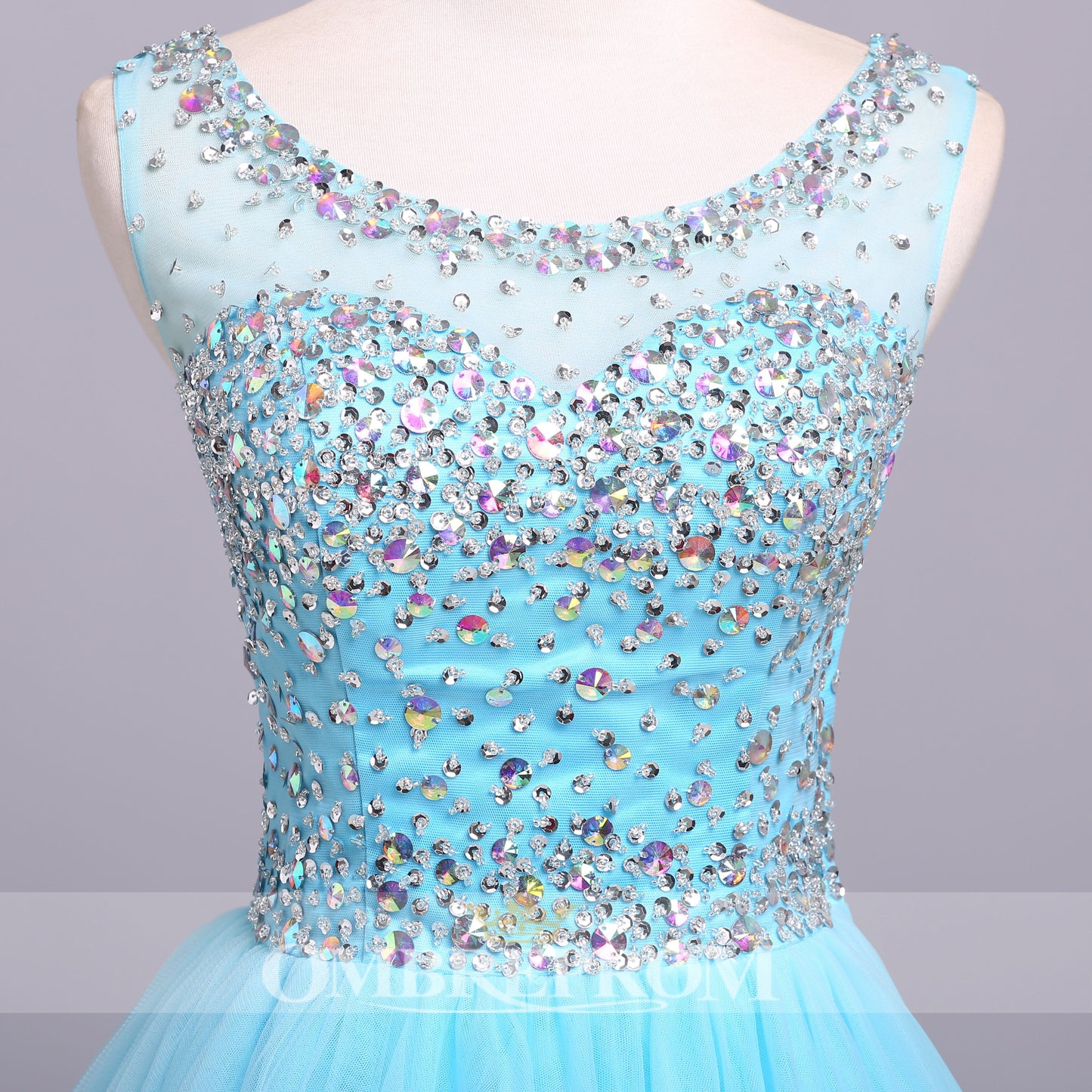 Chic Round Neck Blue Tulle Sleeveless With Beading Prom Dresses