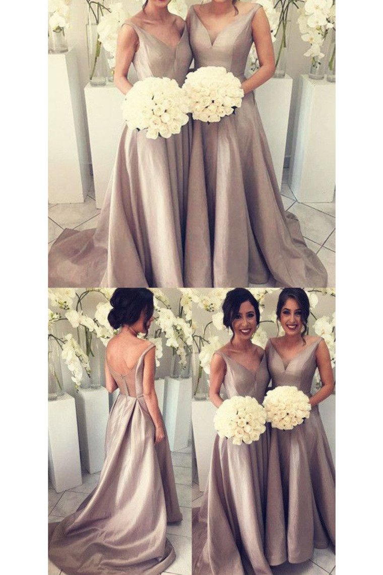 V Neck Bridesmaid Dresses A Line Satin Sweep Train Zipper Up