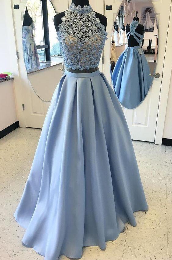 Two Piece Sky Blue Prom Dress 2024 Two Piece Sky Blue Long Prom Dresses WK171