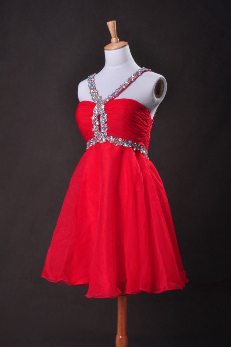 Red A Line V Neck Short/Mini Organza Cz