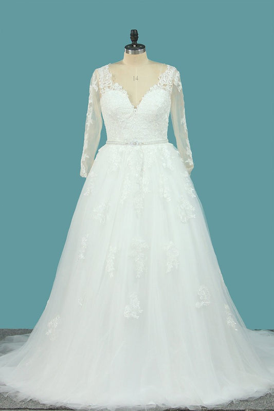 A Line Tulle V Neck Long Sleeves Wedding Dresses With Applique And Beads Sweep Train