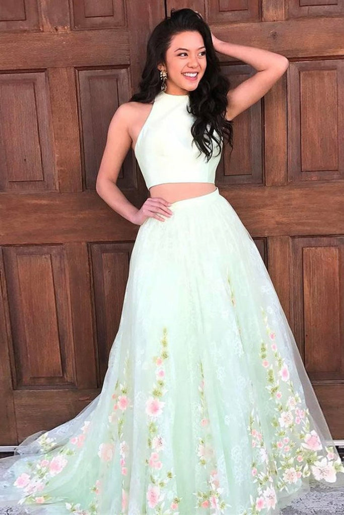 Newest 2 Pieces Long Flowy Sage Prom Dresses For Girls