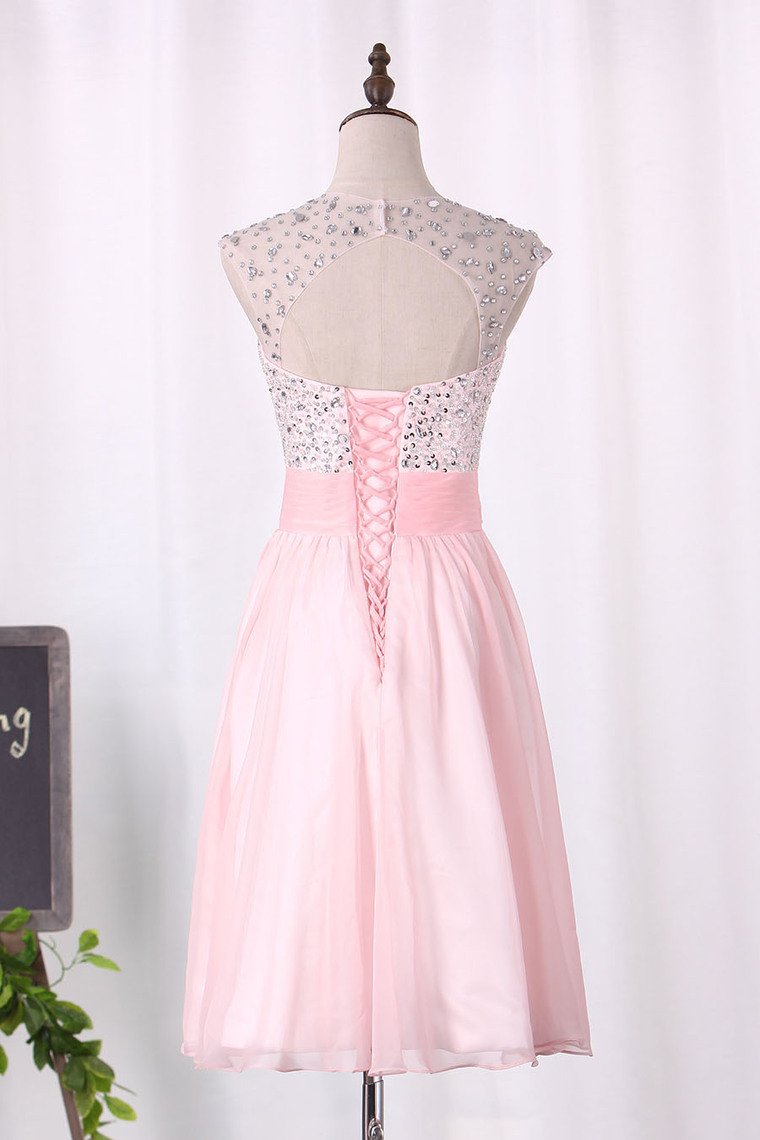 A Line V Neck Homecoming Dresses Open Back Beaded Bodice 30D Chiffon